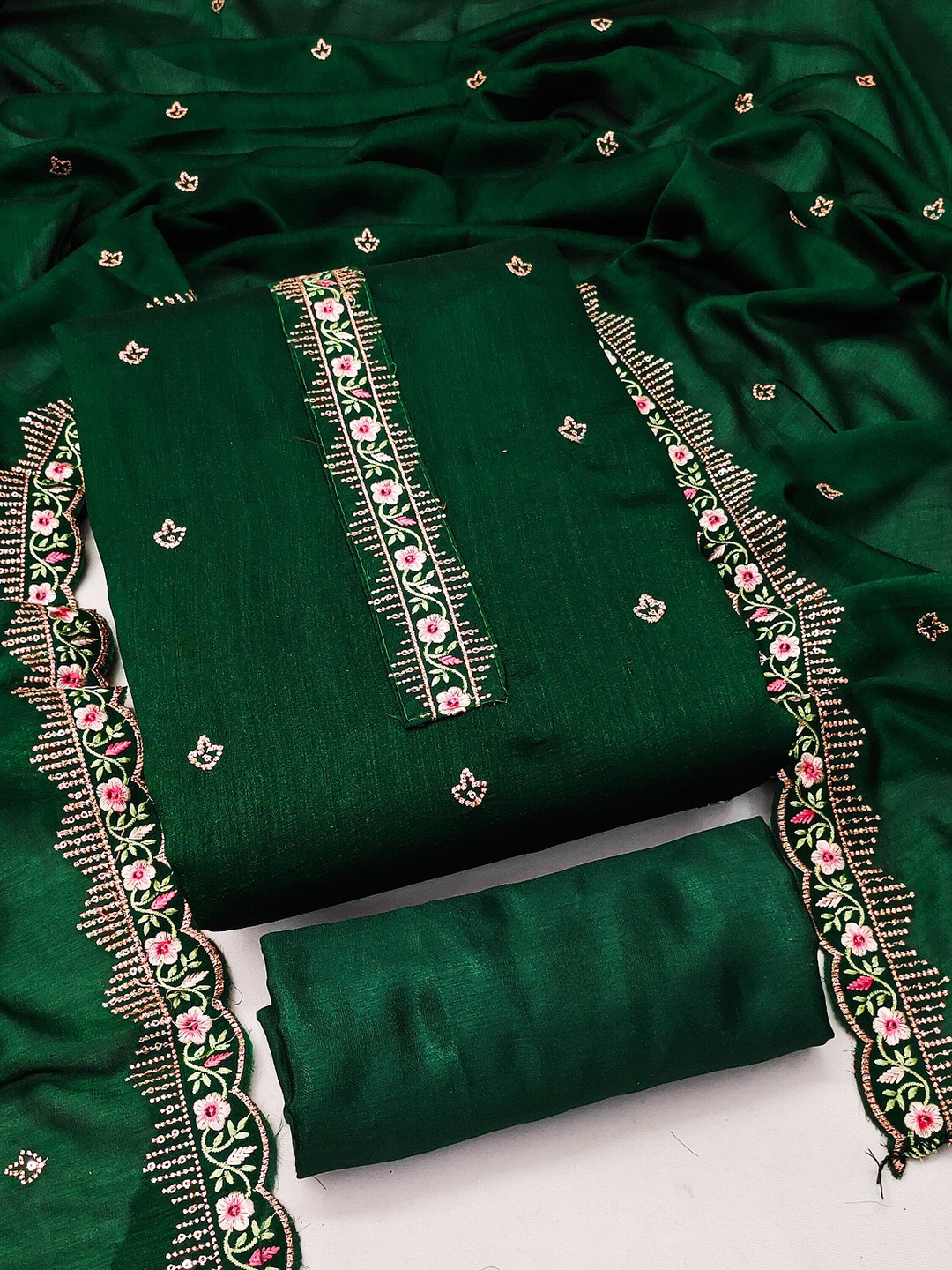 LADY SHOPI Floral Embroidered Pure Silk Unstitched Dress Material, Green
