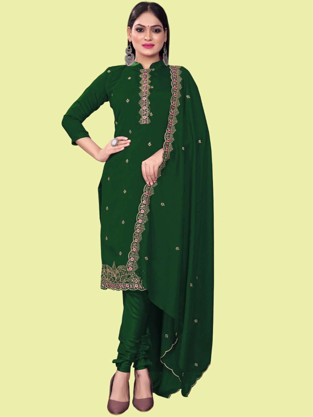 

LADY SHOPI Floral Embroidered Sequinned Pure Silk Unstitched Dress Material, Green