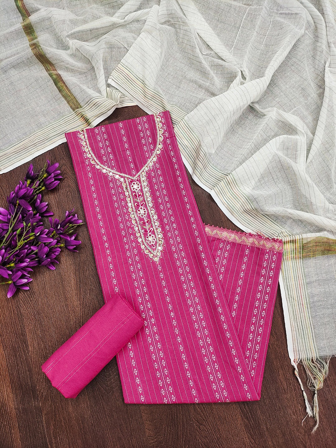 LADY SHOPI Striped Embroidered Sequinned Unstitched Dress Material, Pink