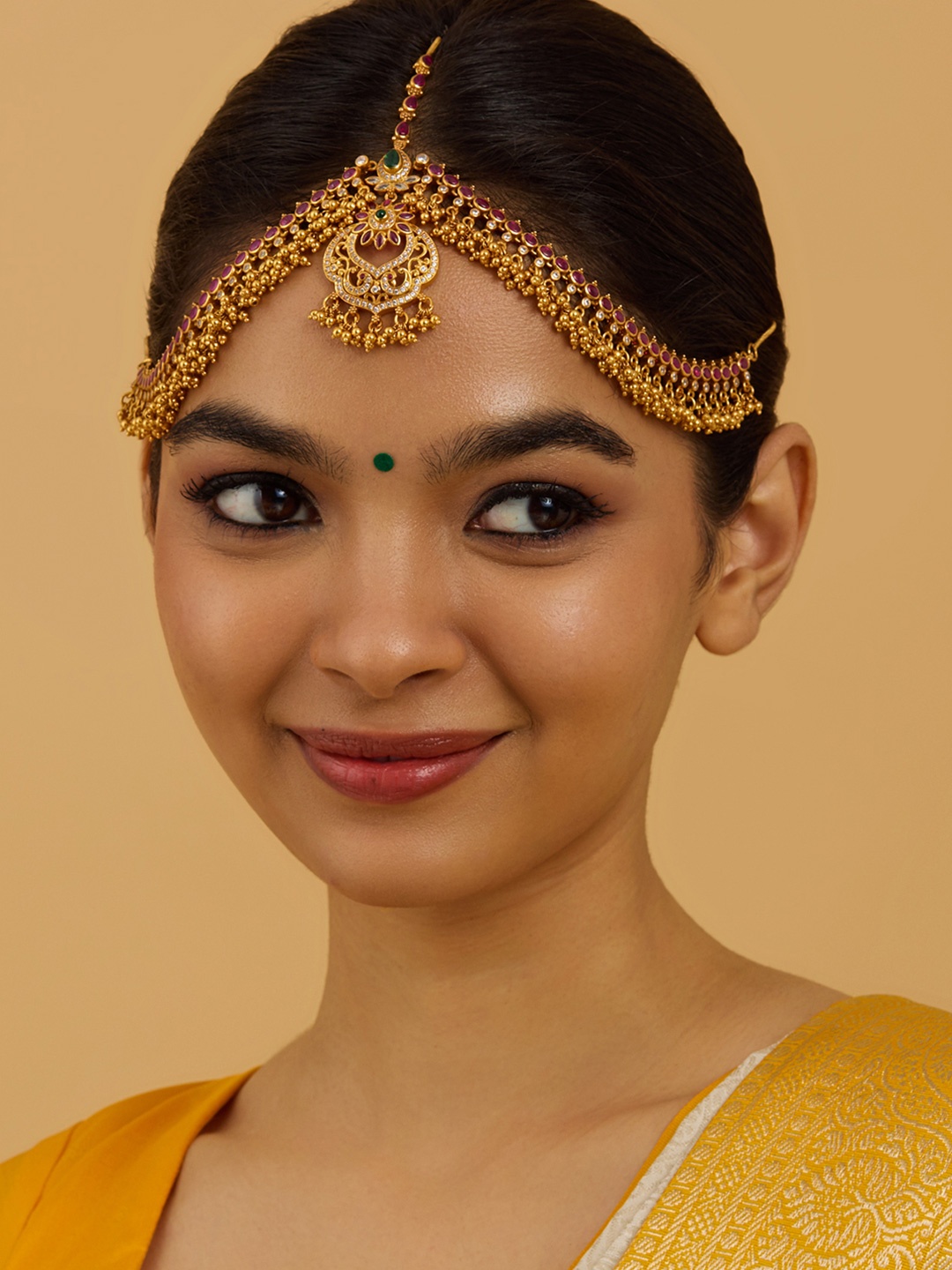 

Kushal's Fashion Jewellery Sterling Silver Gold-Plated Stones Studded Maang Tikka