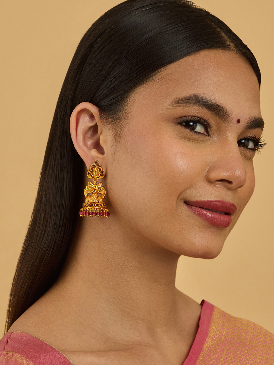 

Kushal's Fashion Jewellery 92.5 Pure Silver Gold-Plated Stone Studded Dome Shaped Jhumkas