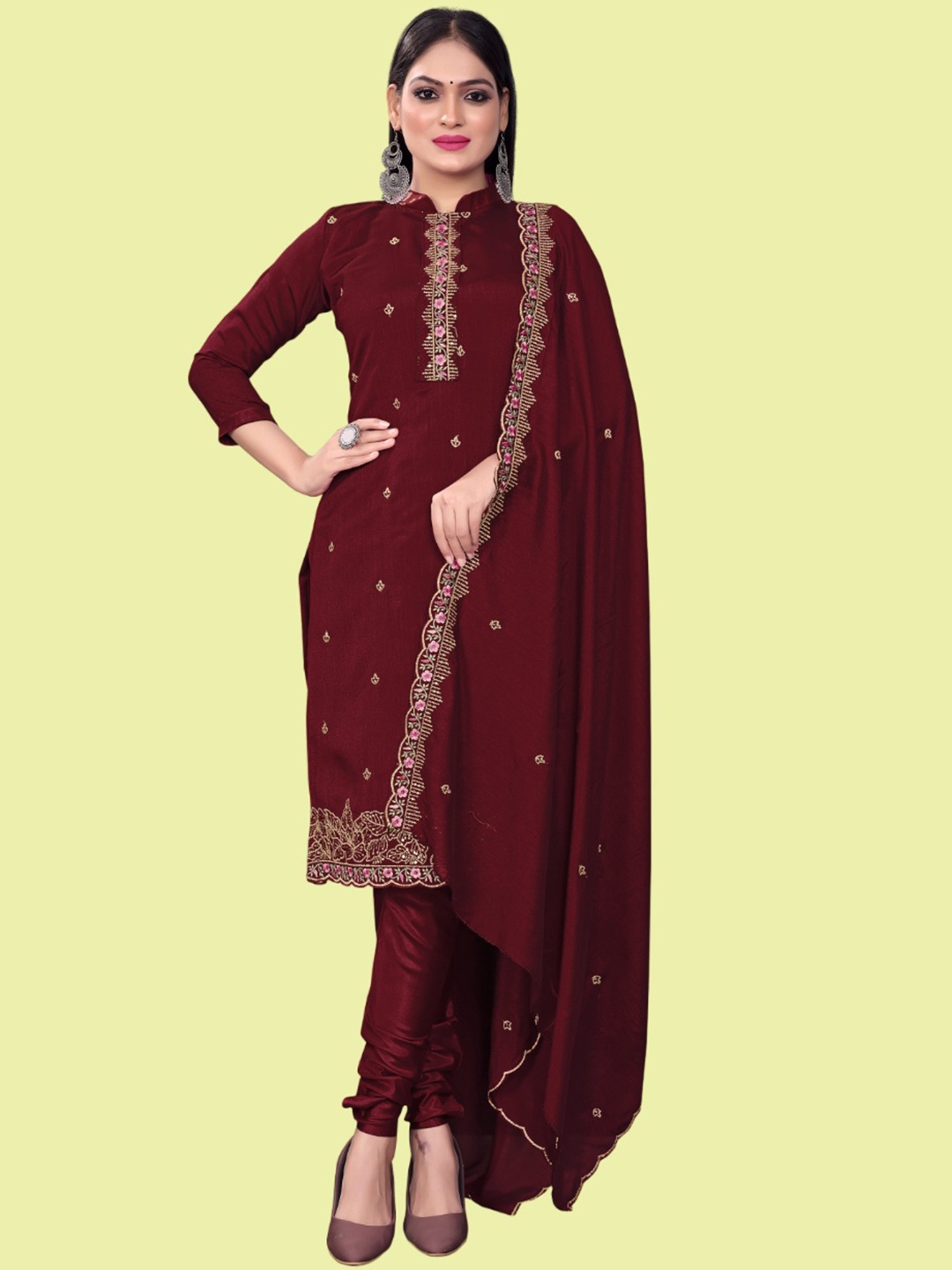 

LADY SHOPI Floral Embroidered Sequinned Pure Silk Unstitched Dress Material, Maroon
