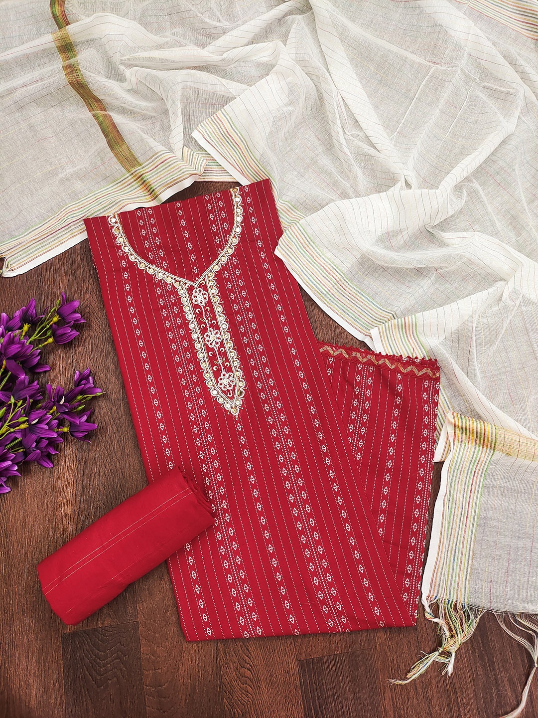 

LADY SHOPI Geometric Printed Beads Work Unstitched Dress Material, Red