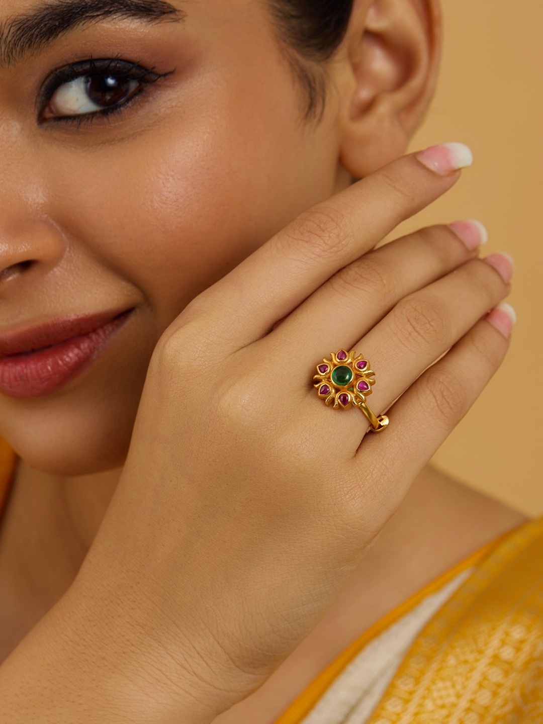 

Kushal's Fashion Jewellery 92.5 Pure Silver Gold-Plated Ethnic Temple Finger Ring