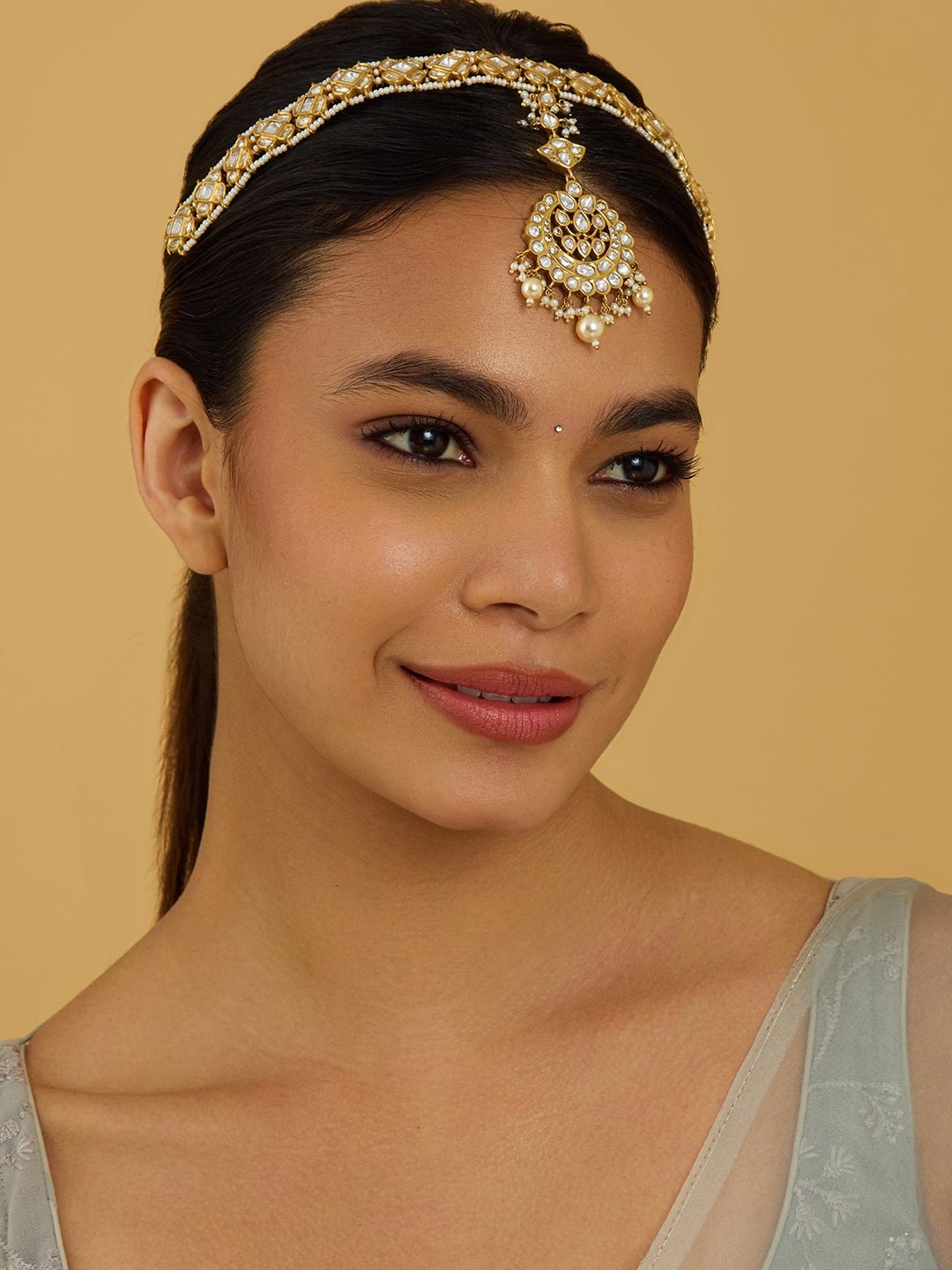 

Kushal's Fashion Jewellery Kundan Studded Maang Tikka Head Jewellery, Gold