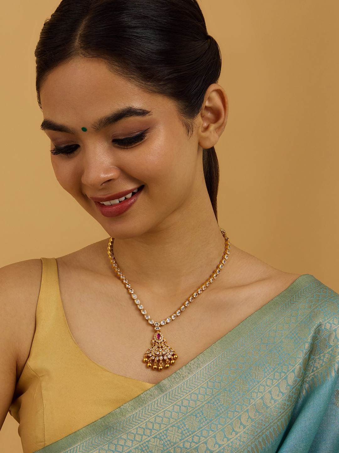 

Kushal's Fashion Jewellery 92.5 Pure Silver Gold-Plated Temple Necklace