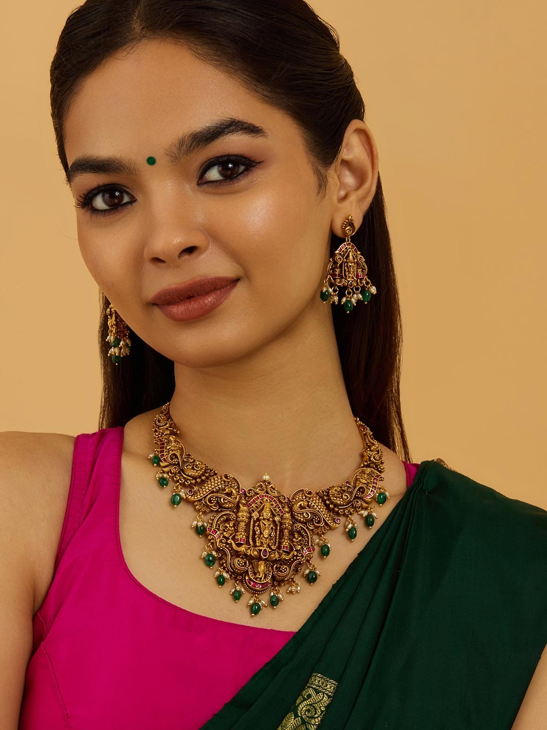 

Kushal's Fashion Jewellery Gold-Plated Stone Studded & Beaded Ethnic Antique Jewellery Set