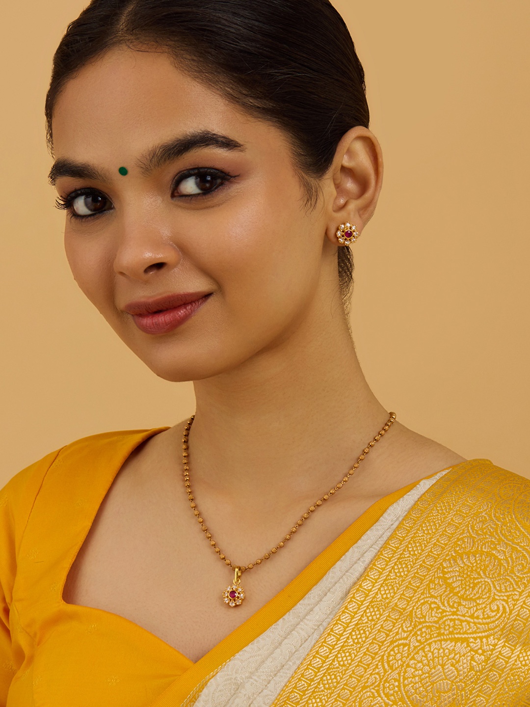 

Kushal's Fashion Jewellery 92.5 Pure Silver Gold-Plated Ruby Ethnic Temple Jewellery Set