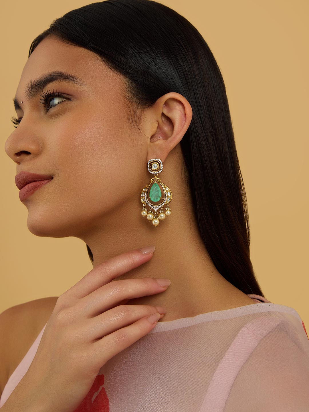 

Kushal's Fashion Jewellery Kundan Studded Contemporary Drop Earrings, Green