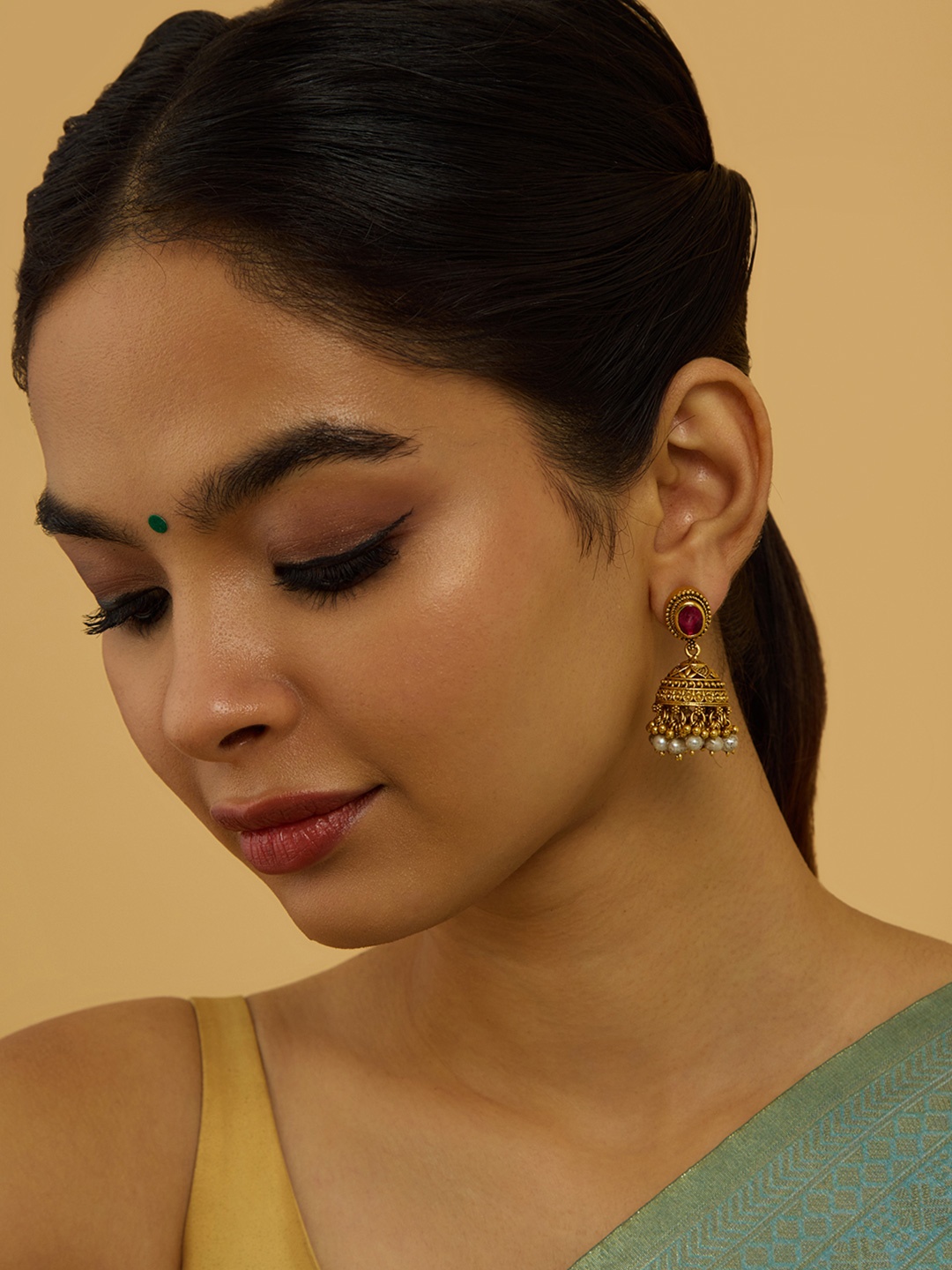 

Kushal's Fashion Jewellery 92.5 Pure Silver Gold Plated Artificial Stones Jhumkas Earrings