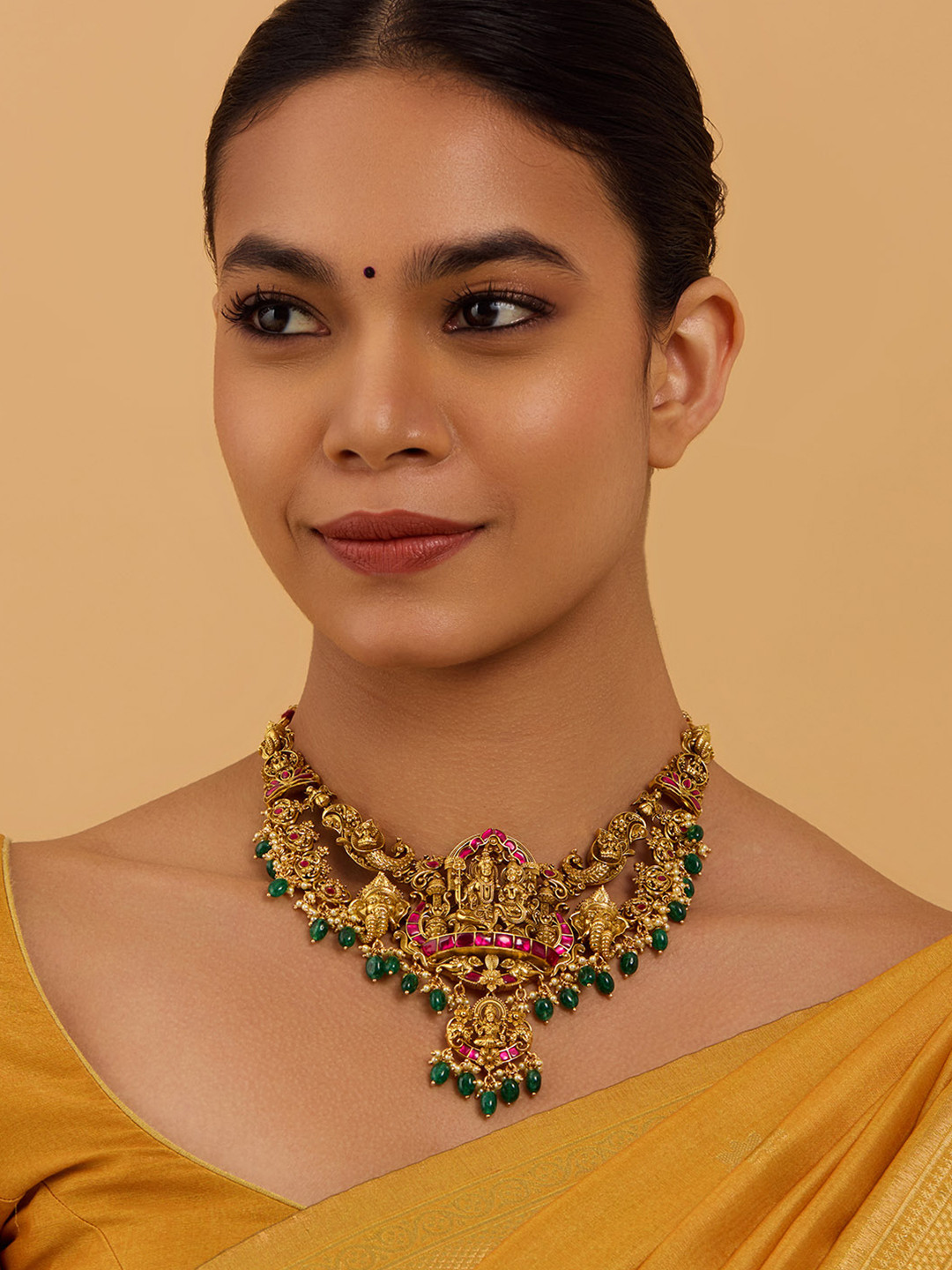 

Kushal's Fashion Jewellery 92.5 Pure Silver Gold-Plated Stone Studded Temple Necklace