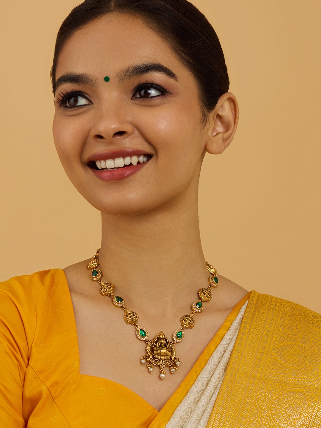 

Kushal's Fashion Jewellery 92.5 Pure Silver Gold-Plated Stone Studded Temple Necklace