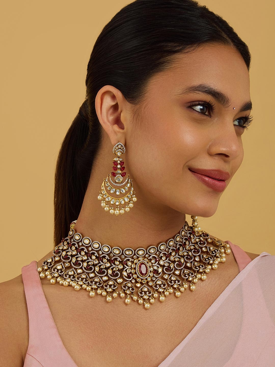 

Kushal's Fashion Jewellery Kundan Stones-Studded Necklace and Earrings, Gold