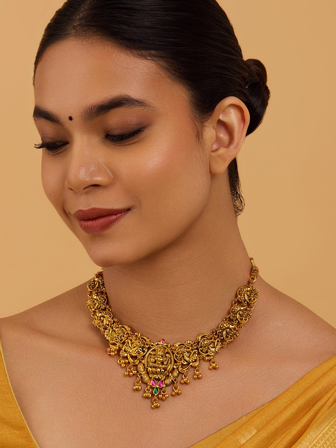 

Kushal's Fashion Jewellery 92.5 Pure Silver Gold-Plated Stone Studded Temple Necklace
