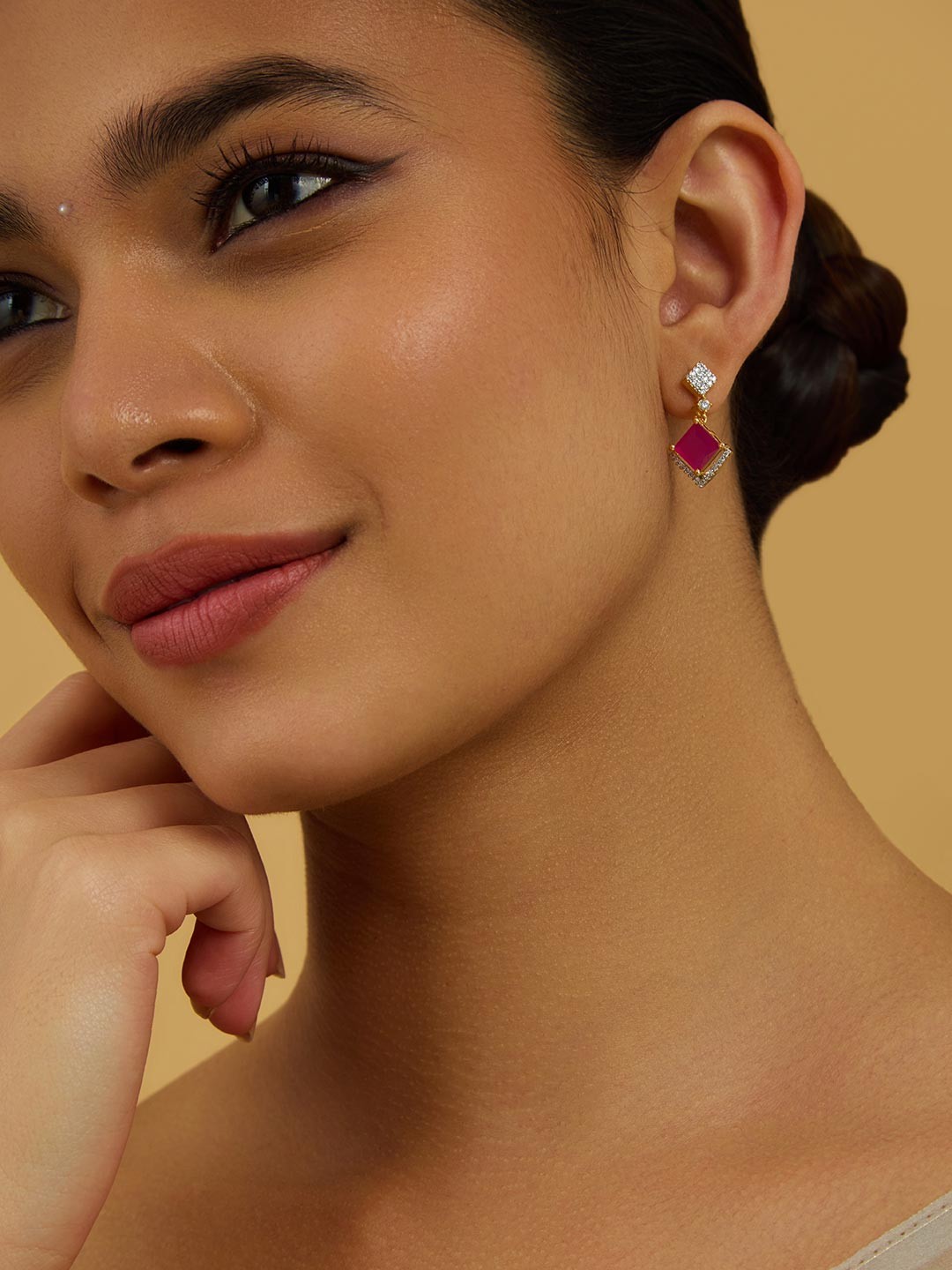 

Kushal's Fashion Jewellery Rhodium-Plated Geometric Zircon Drop Earrings, Red