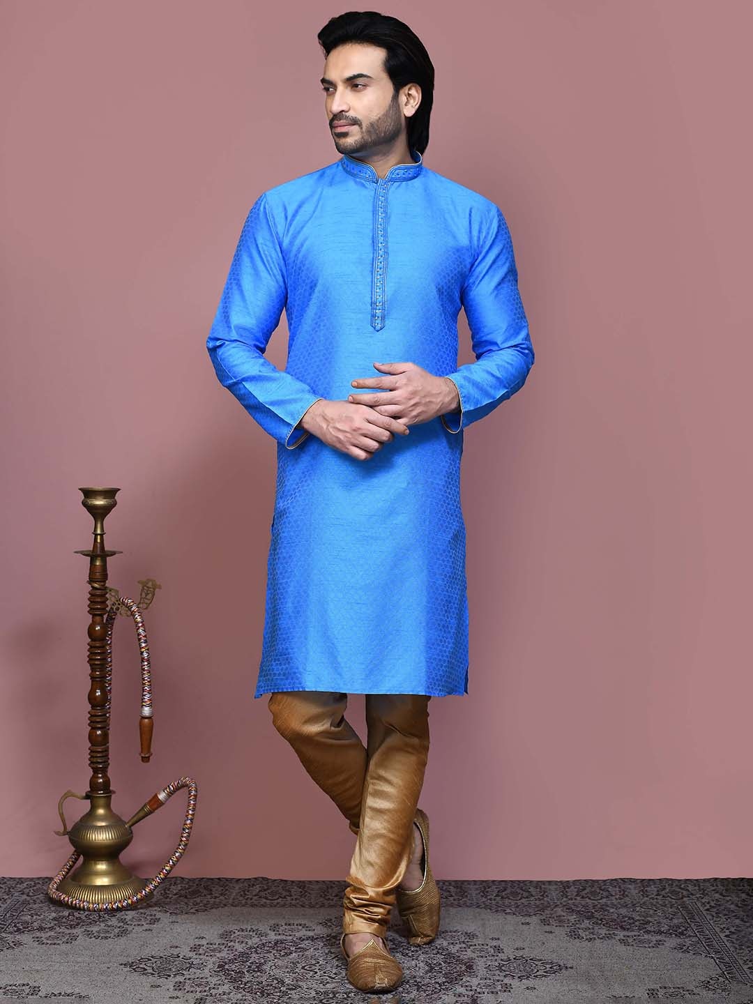 

RANAK Ethnic Motifs Woven Design Mandarin Collar Thread Work Regular Straight Kurta, Blue