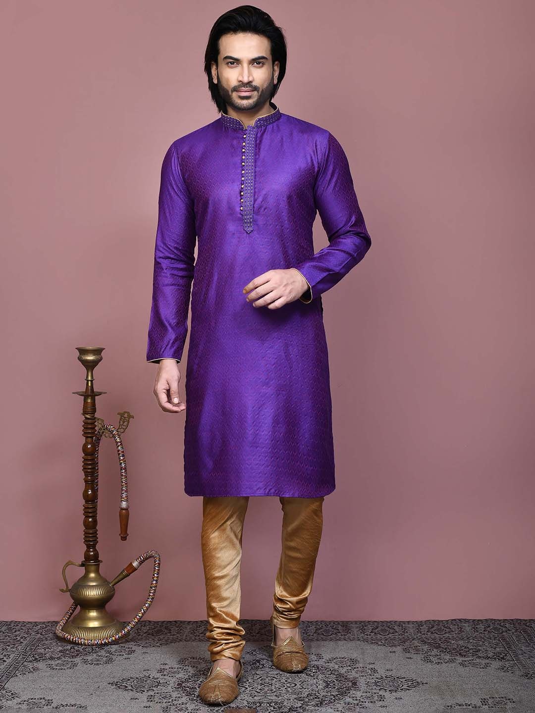 

RANAK Ethnic Motifs Woven Design Mandarin Collar Long Sleeves Regular Straight Kurta, Purple