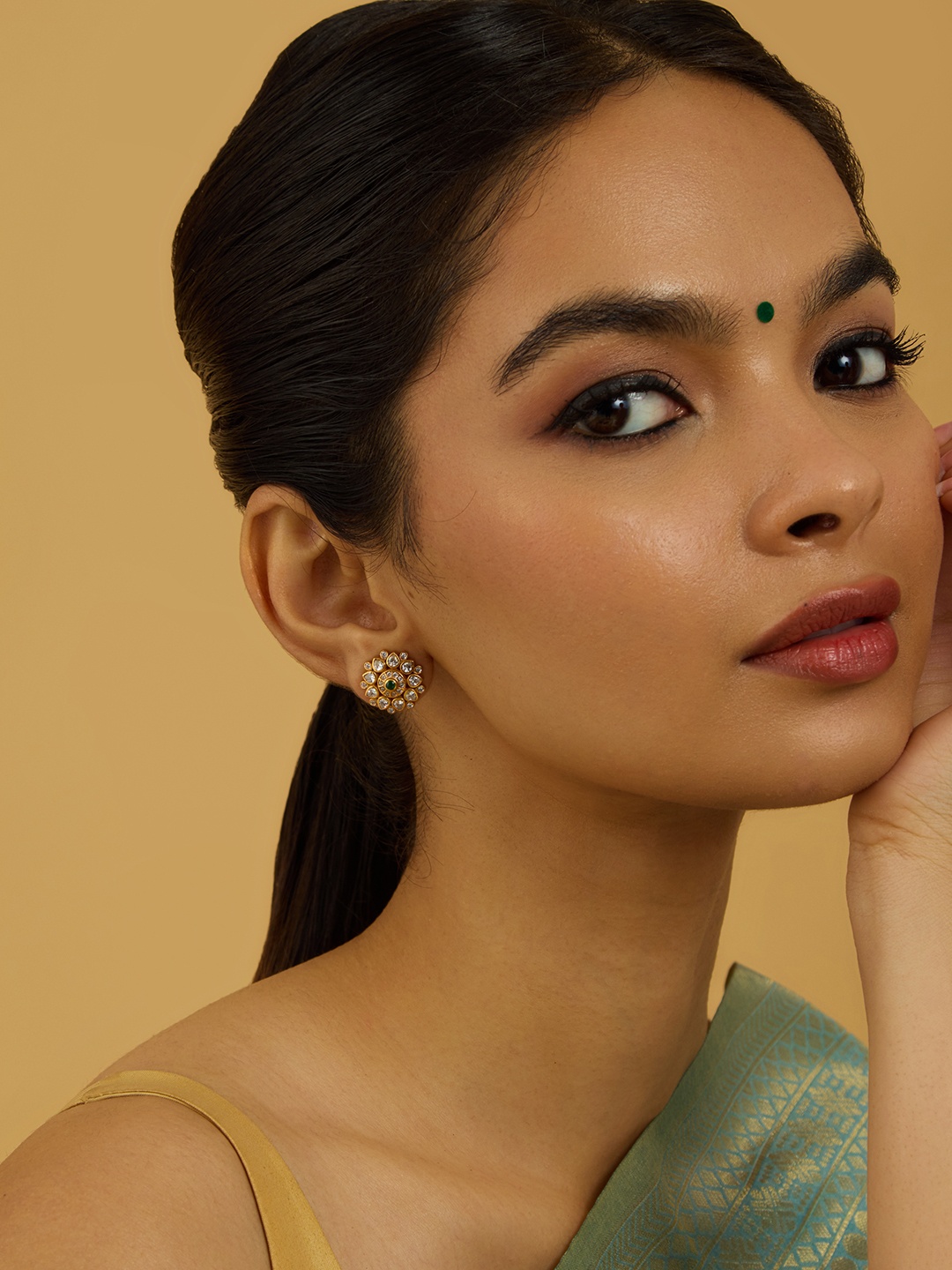 

Kushal's Fashion Jewellery 92.5 Pure Silver Gold Plated Zircon Contemporary Studs Earrings, Green