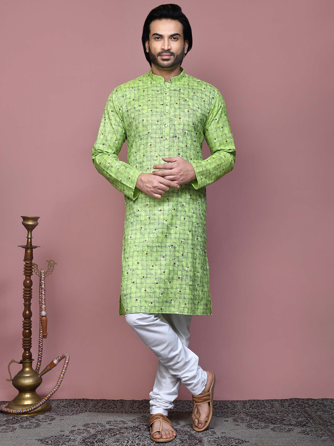 

RANAK Mandarin Collar Geometric Printed Straight Cotton Kurta, Green