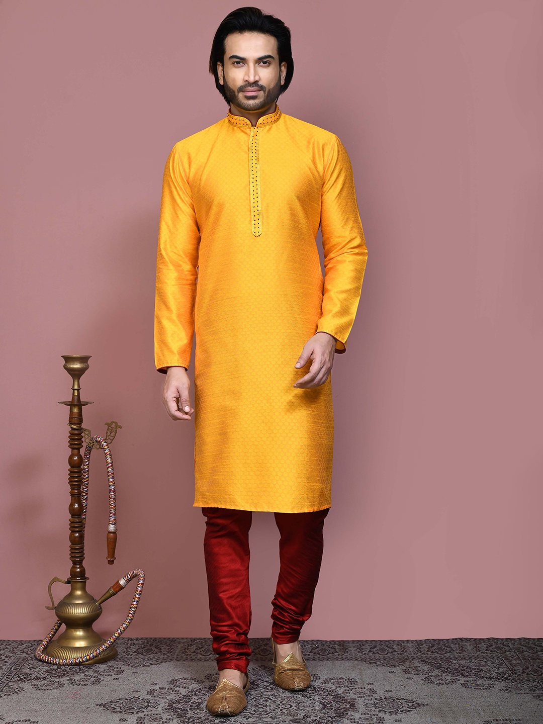 

RANAK Woven Design Thread Work Straight Cotton Kurta, Yellow