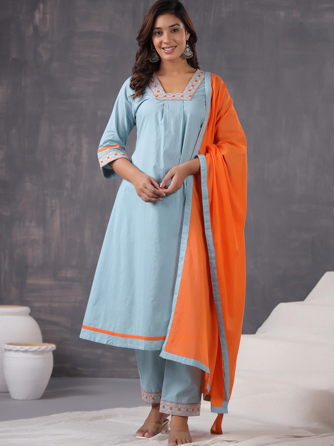

Coordnord Floral Embroidered Square Neck A-Line Kurta With Trousers & Dupatta, Blue