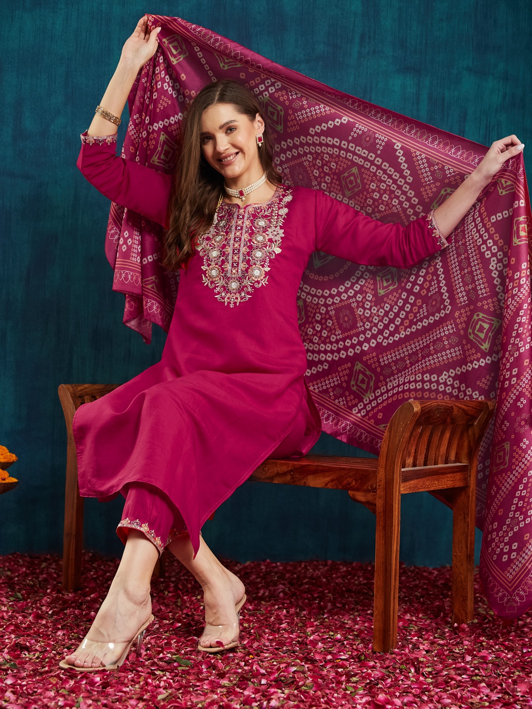 

KAVINDI Floral Yoke Design Beads and Stones Pure Silk Kurta with Trouser & Dupatta, Magenta