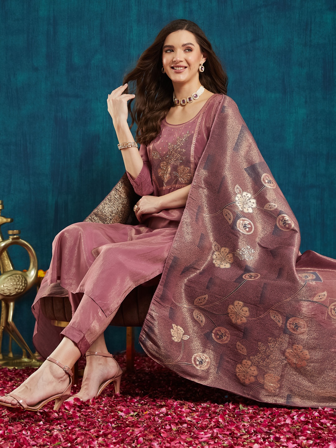 

KAVINDI Floral Yoke Design Beads and Stones Pure Silk Kurta with Trouser & Dupatta, Rose