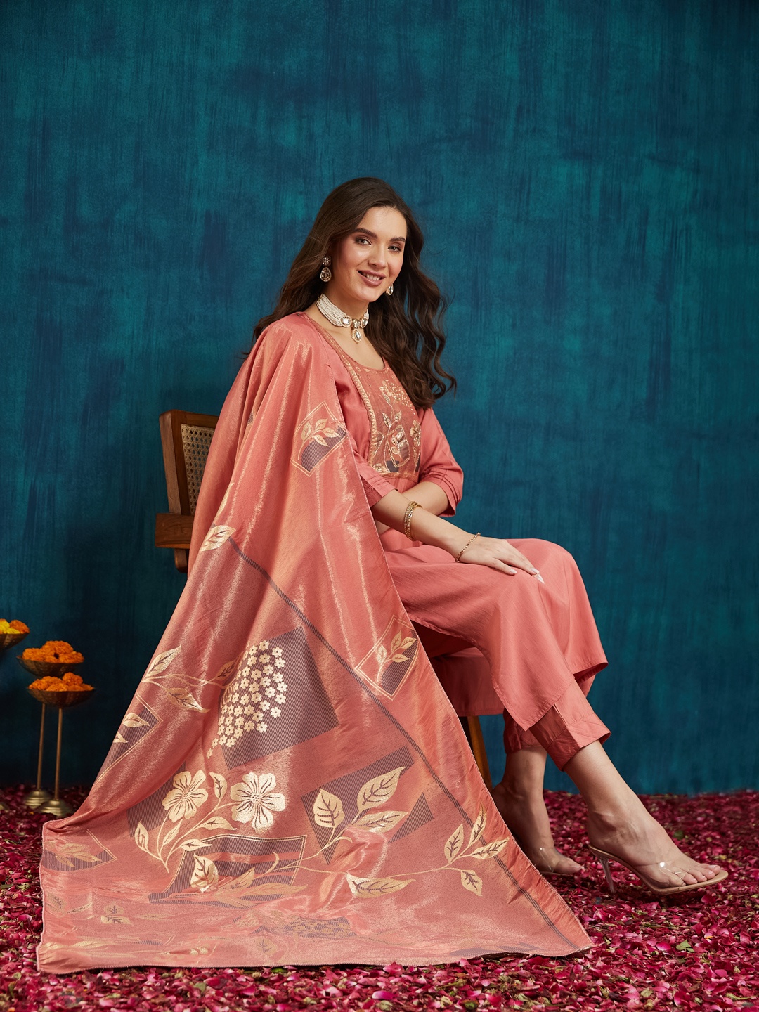 

KAVINDI Floral Yoke design Beads and Stones Pure Silk Kurta with Trousers & Dupatta, Peach