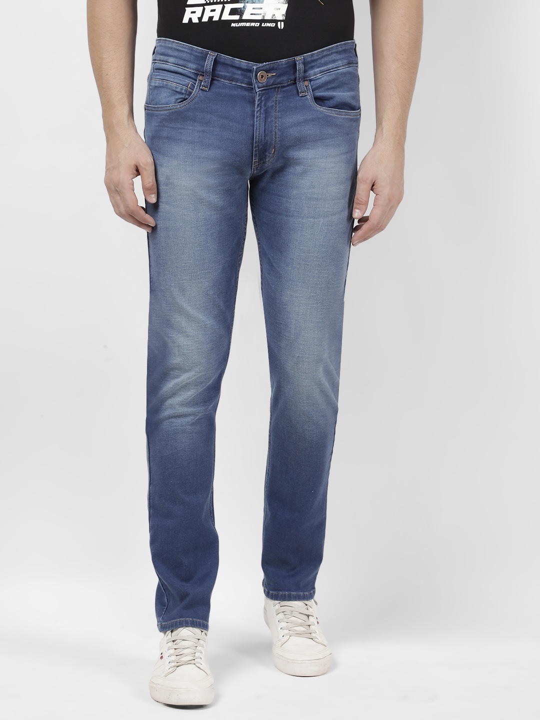 

Numero Uno Men Skinny Fit Mid-Rise Heavy Fade Stretchable Jeans, Blue