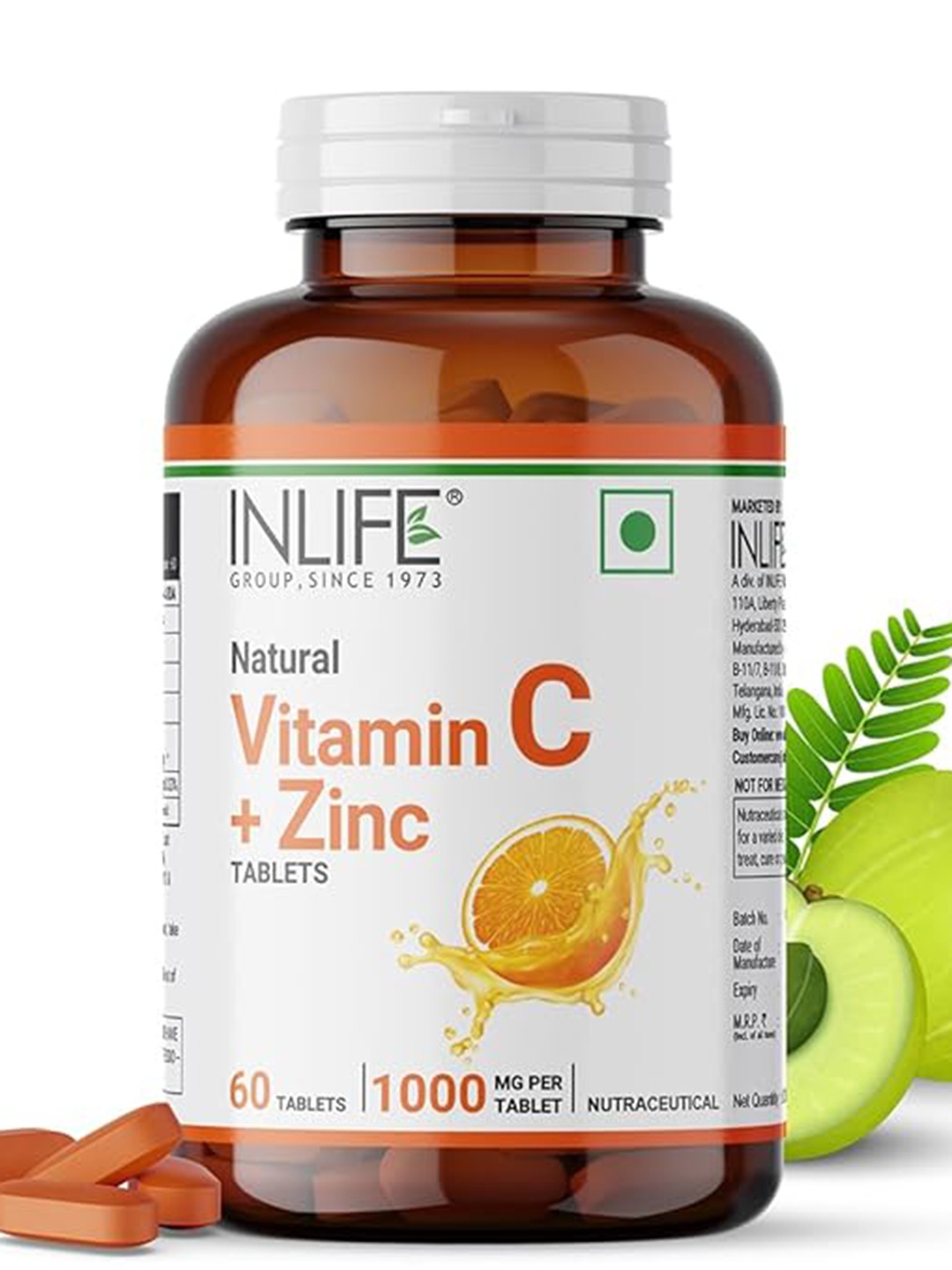 

INLIFE Natural Vitamin C 1000mg Amla Extract With Zinc - 60 Tablets- Orange, White