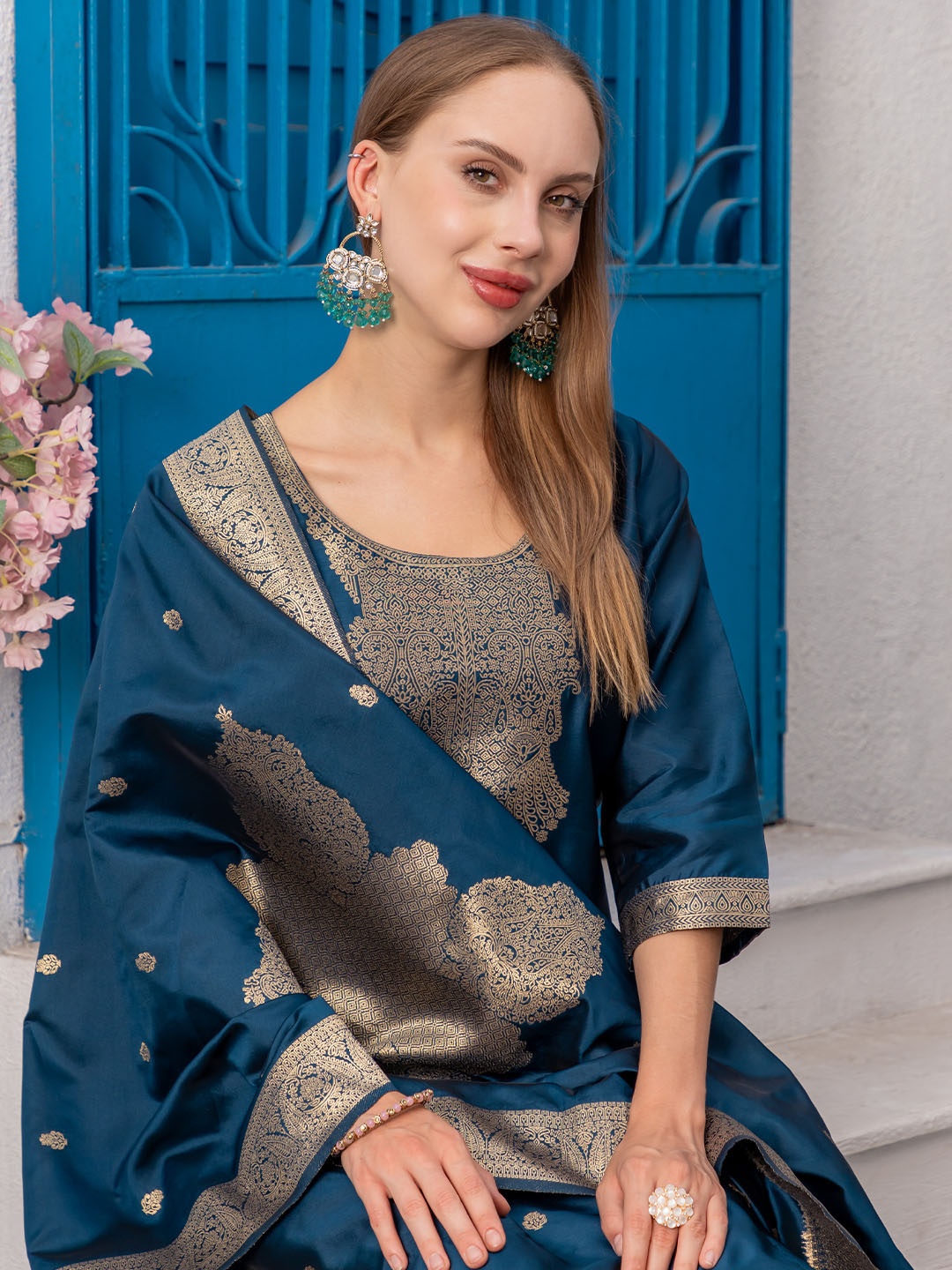 

BLACK SCISSOR Ethnic Motifs Woven Design Round Neck Straight Kurta With Trousers & Dupatta, Teal