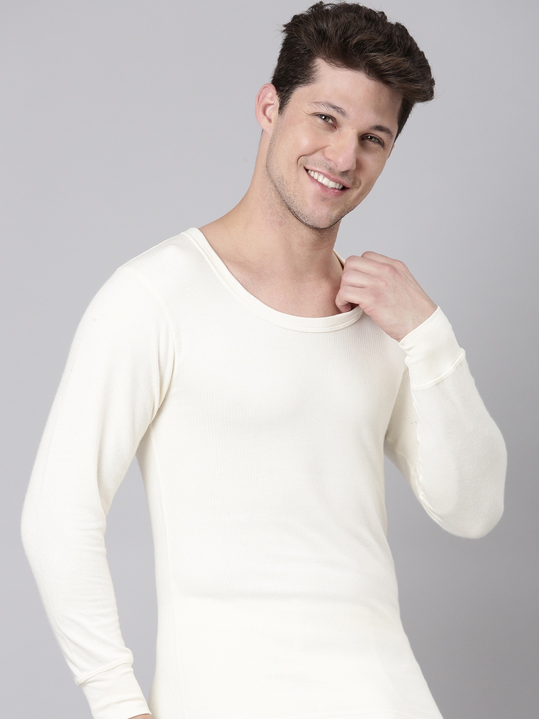 

DIXCY SCOTT Men Round Neck Ribbed Thermal Top, White