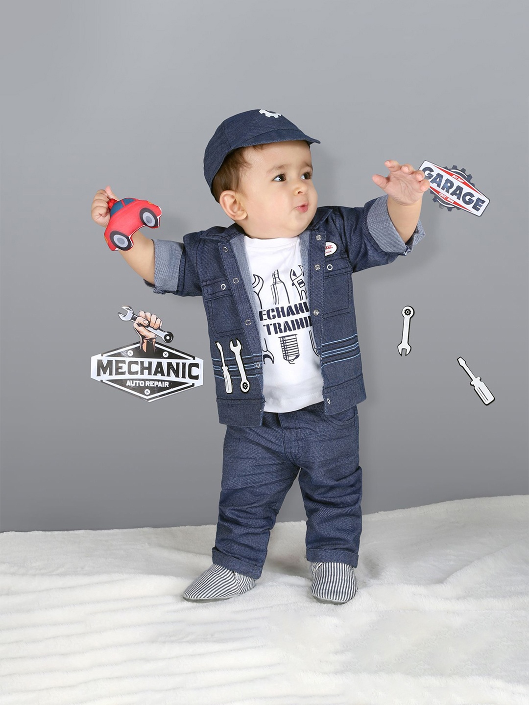 

MashUp Boys Mechanic printed Pure Cotton T-shirt With Trousers & Jacket, Blue