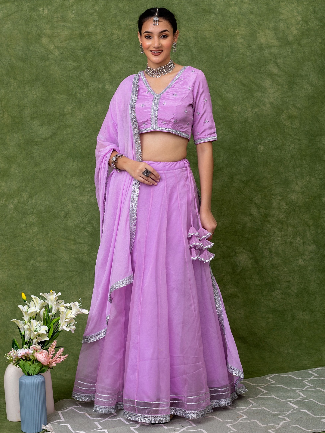 

KASYA Embroidered Thread Work Ready to Wear Lehenga & Blouse With Dupatta, Lavender