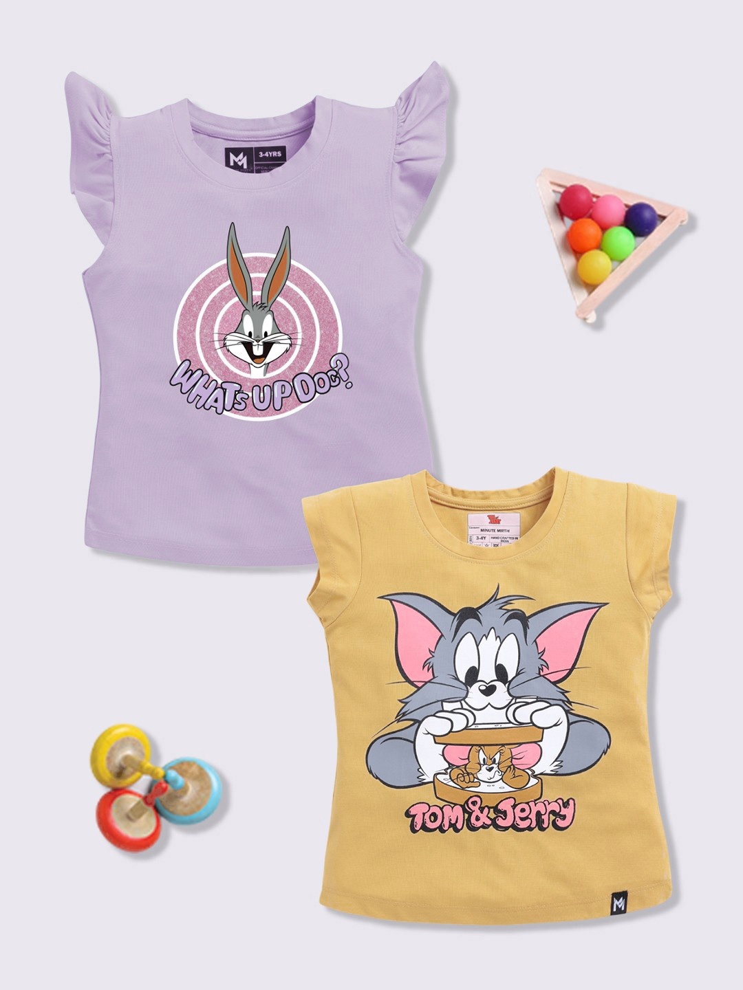 

YK X Minute Mirth Girls Assorted Pack Of 2 Looney Tunes Printed Flutter Sleeve Top