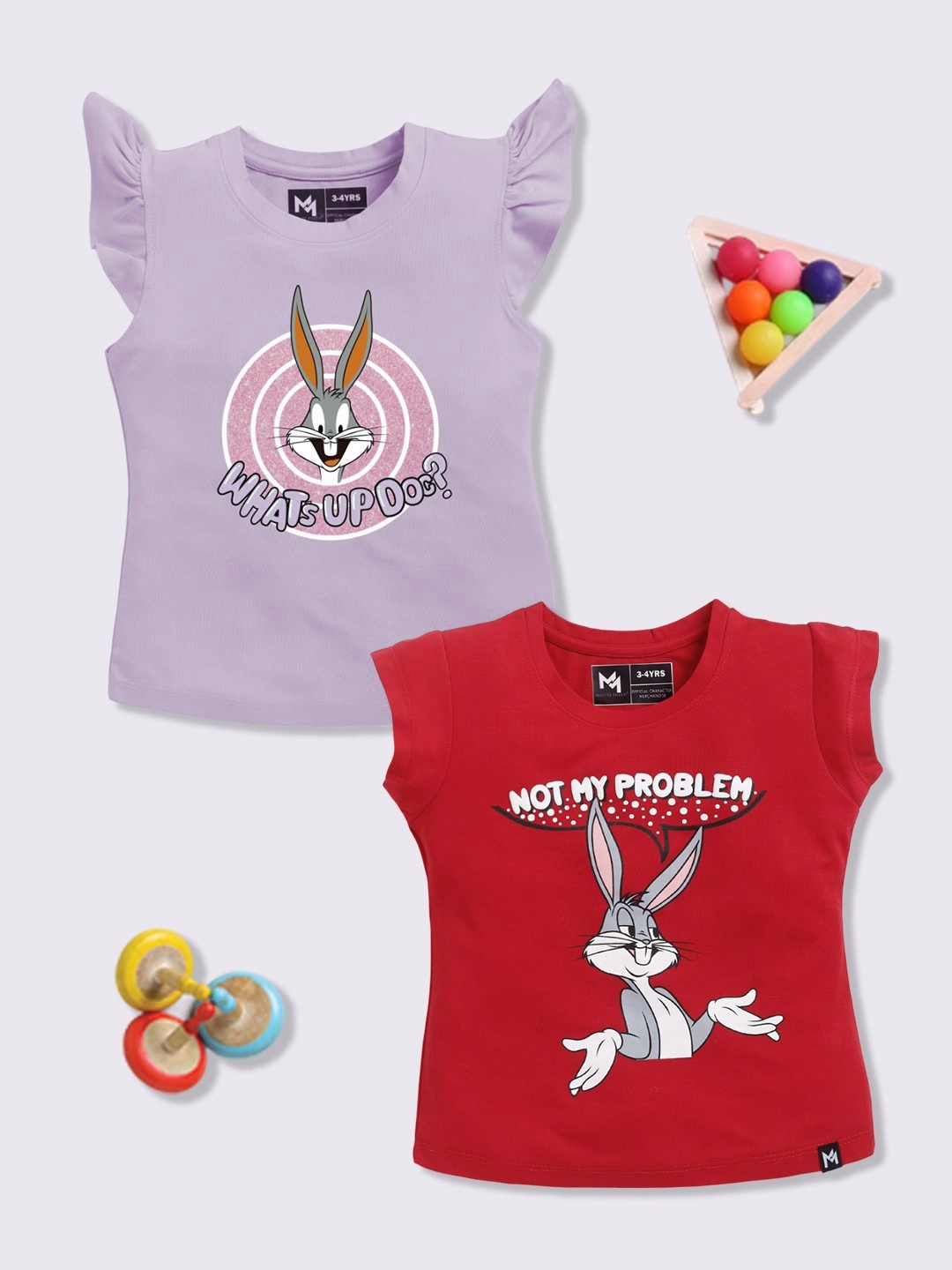 

YK X Minute Mirth Girls Assorted Pack Of 2 Looney Tunes Printed Flutter Sleeve Top