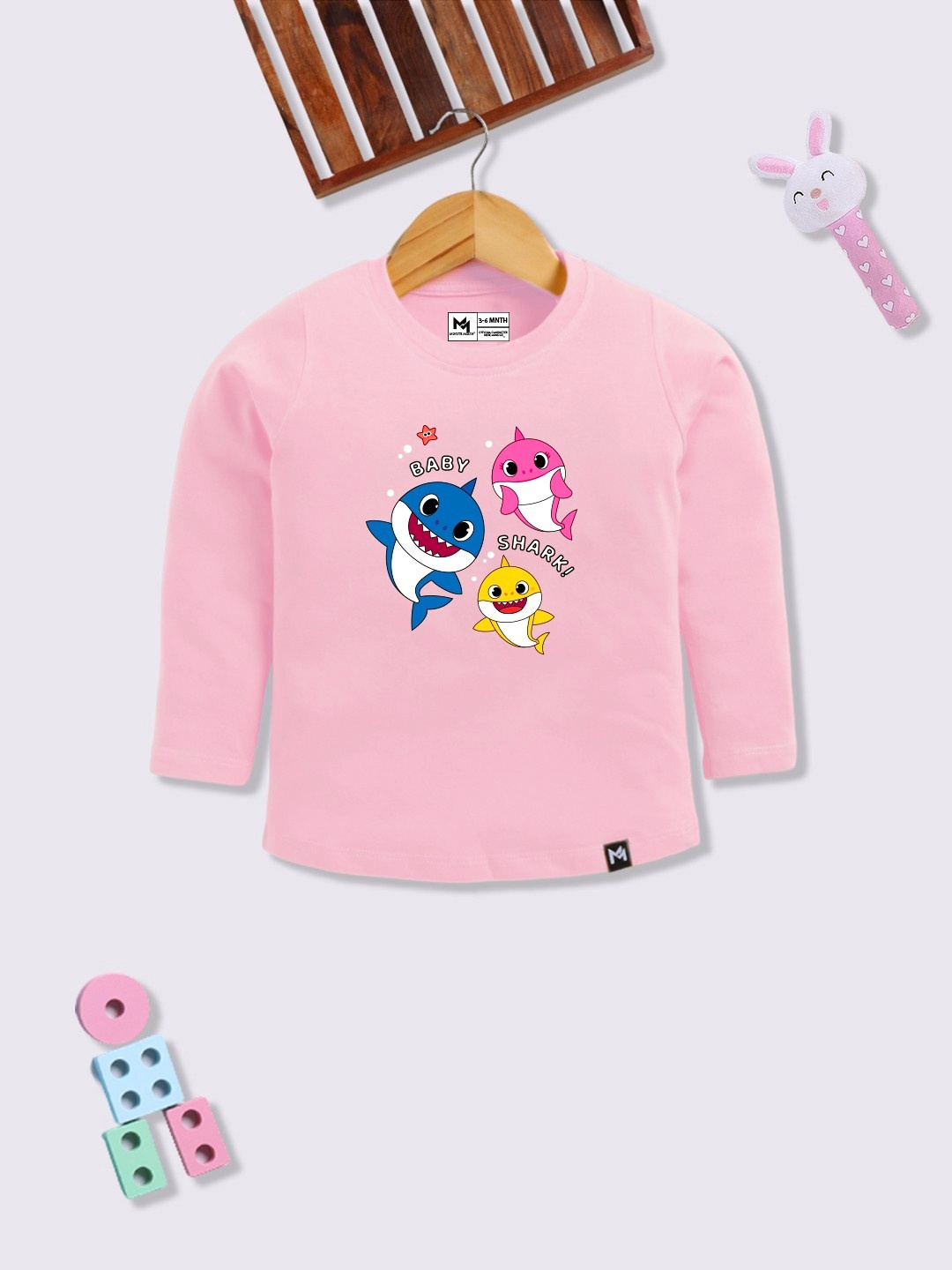 

YK X Minute Mirth Baby Sharks Print Cotton Top, Pink