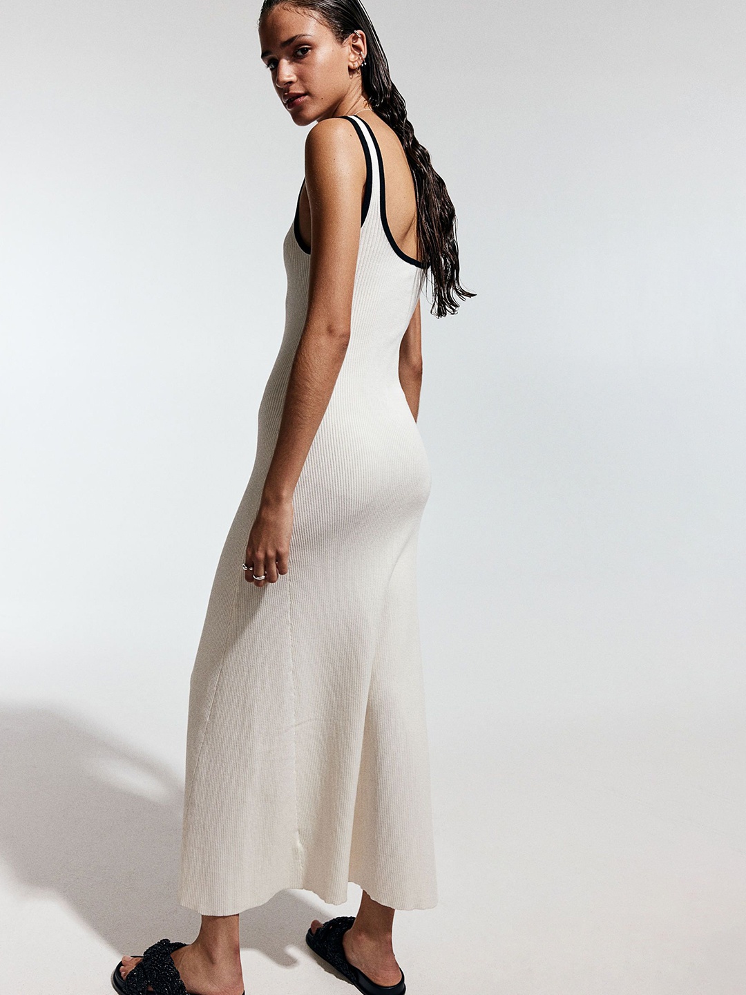 

H&M Flared-Skirt Rib-Knit Dress, White