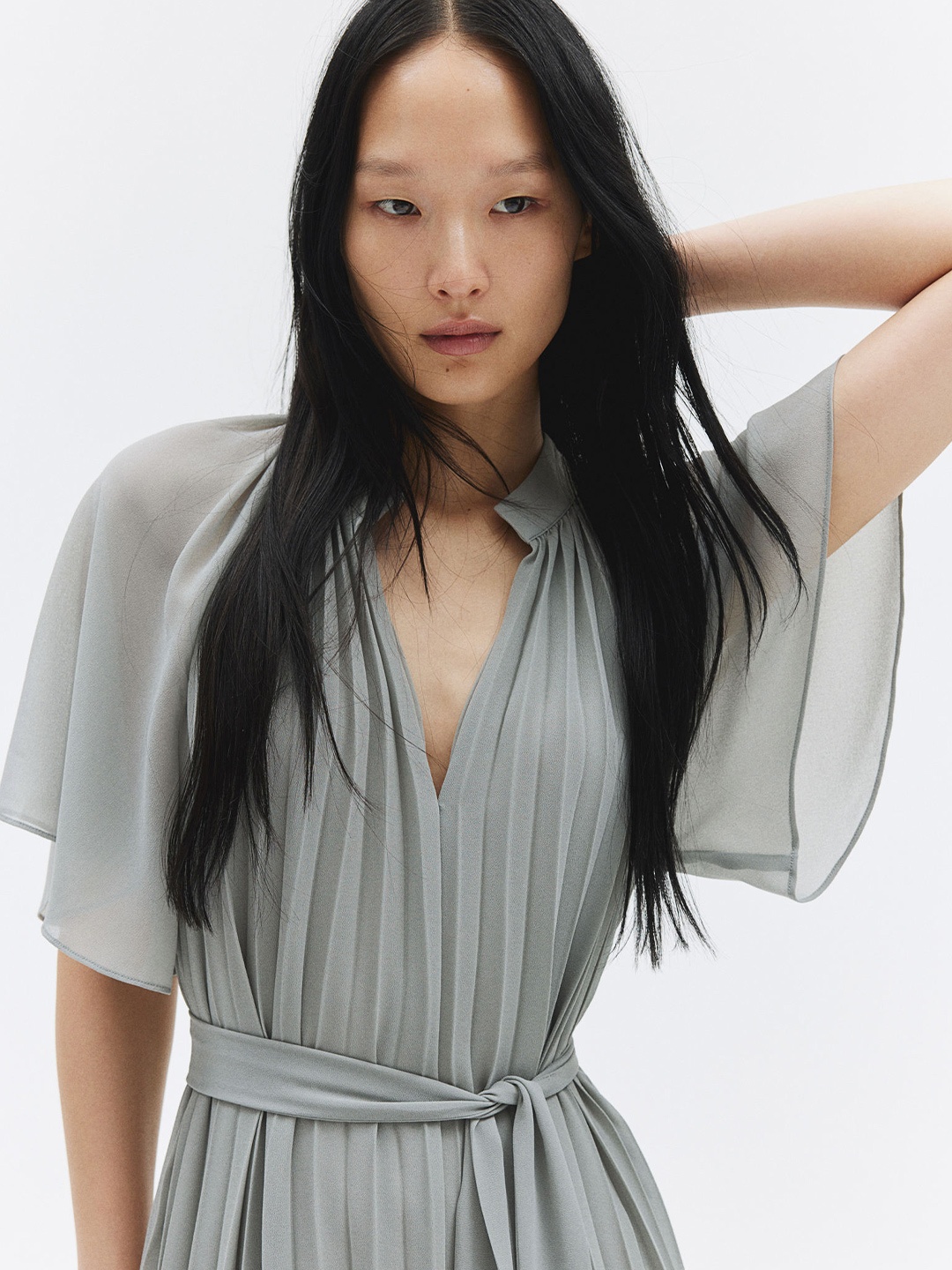 

H&M Pleated Tie-Belt Dress, Grey