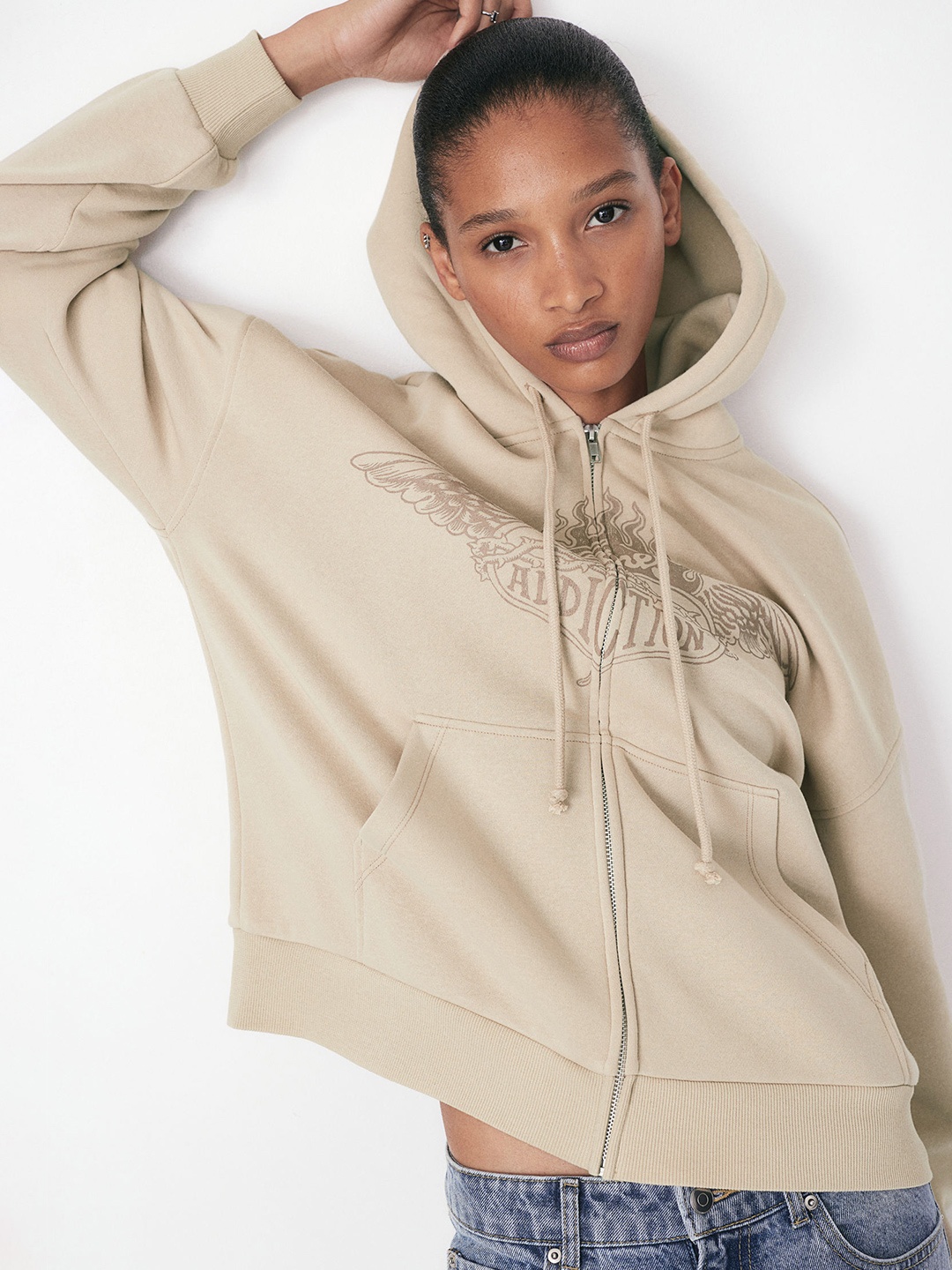 

H&M Oversized Motif-Detail Zip-Through Hoodie, Beige