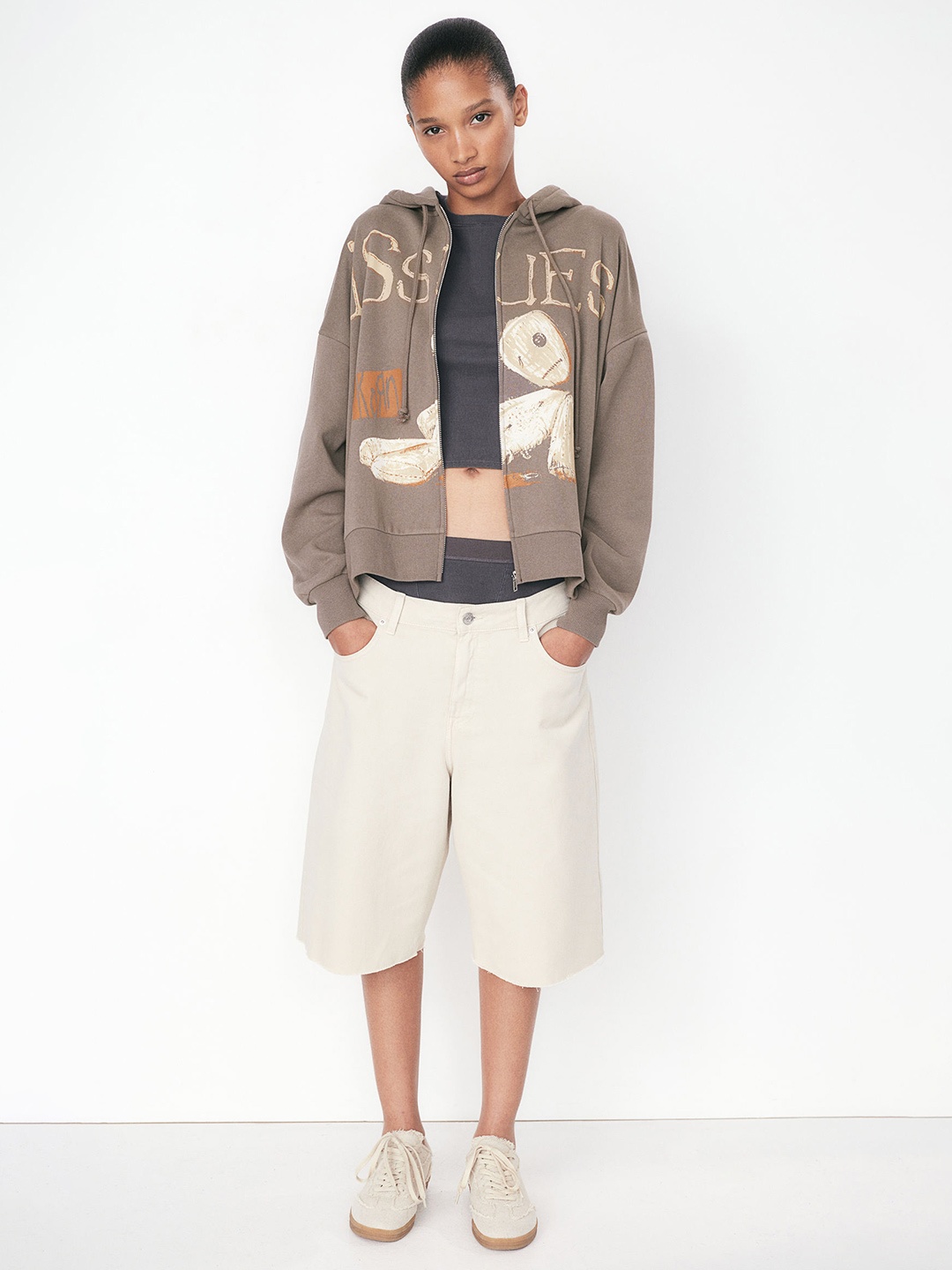 

H&M Oversized Motif-Detail Zip-Through Hoodie, Brown