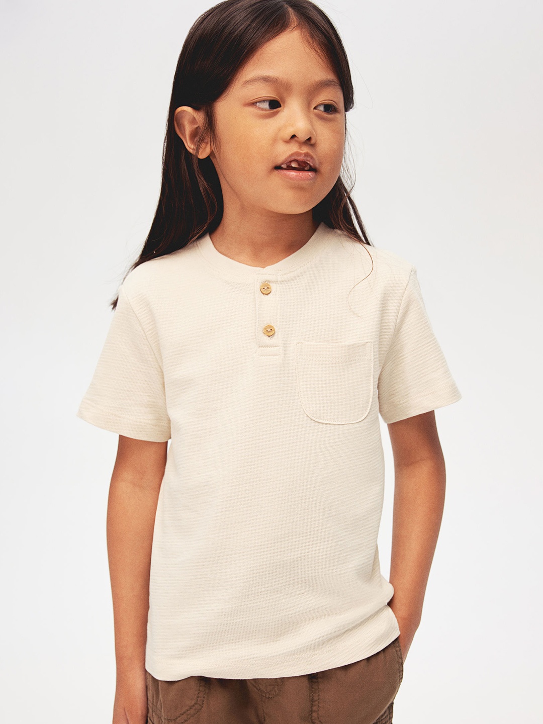 

H&M Cotton Henley T-shirt, Beige