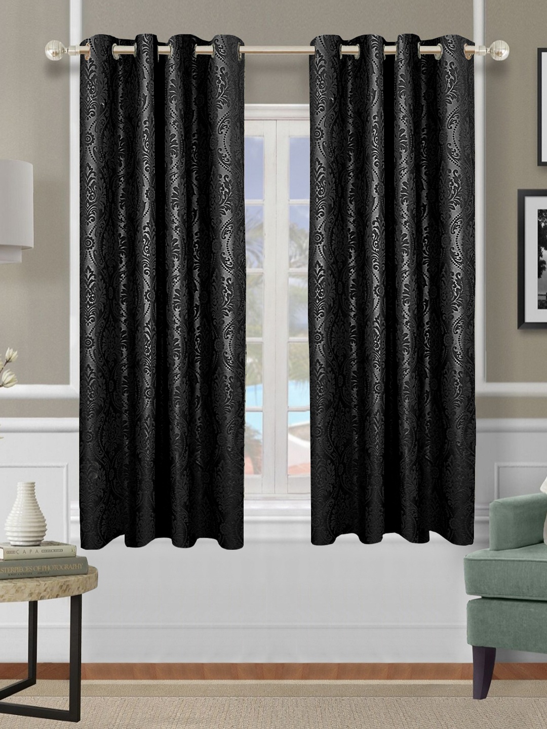 

Cortina Black 2 Pieces Floral Printed Emboss Window Curtains