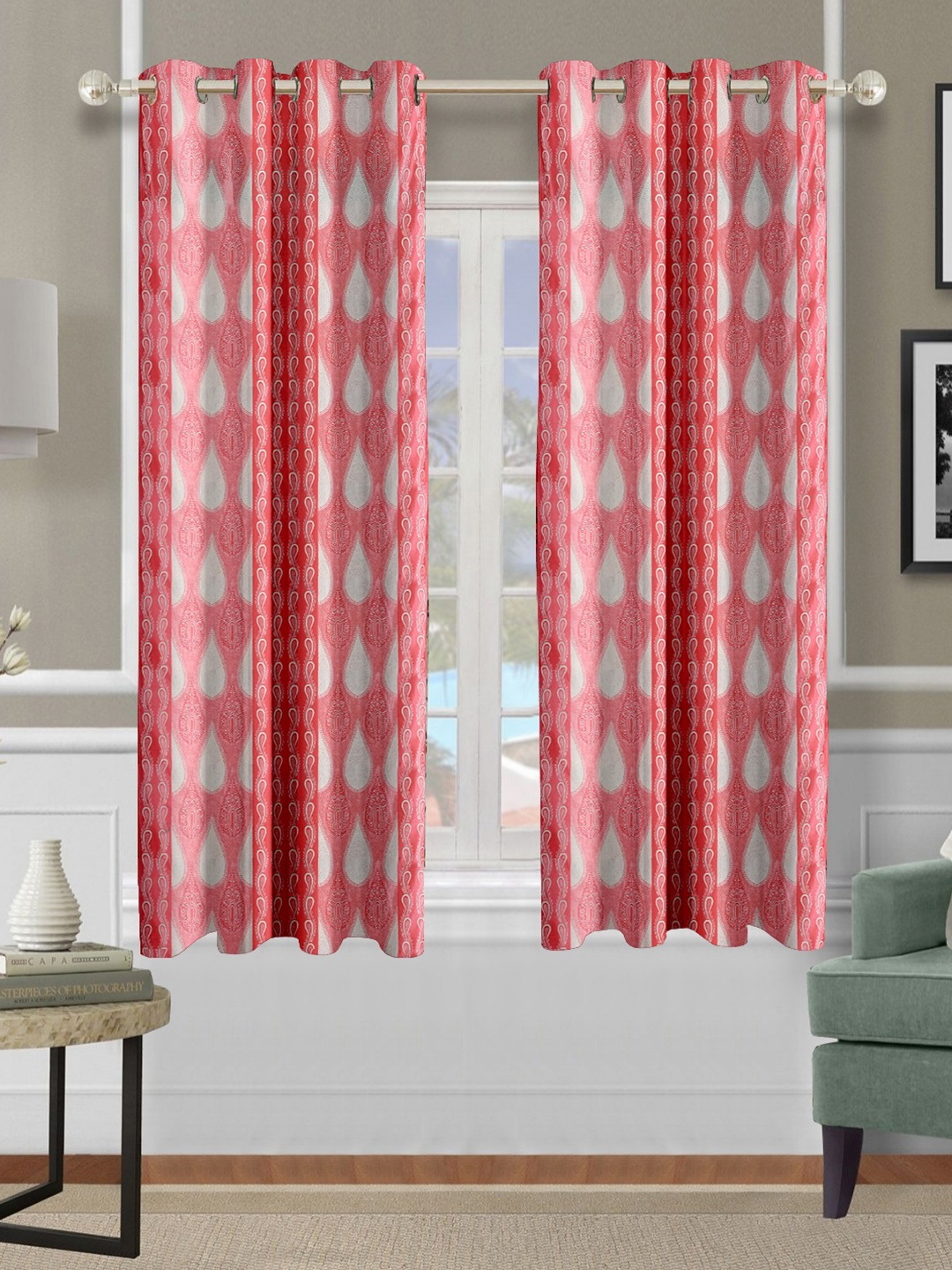 

Cortina Pink & White 2 Pieces Ethnic Motifs Printed Emboss Window Curtains