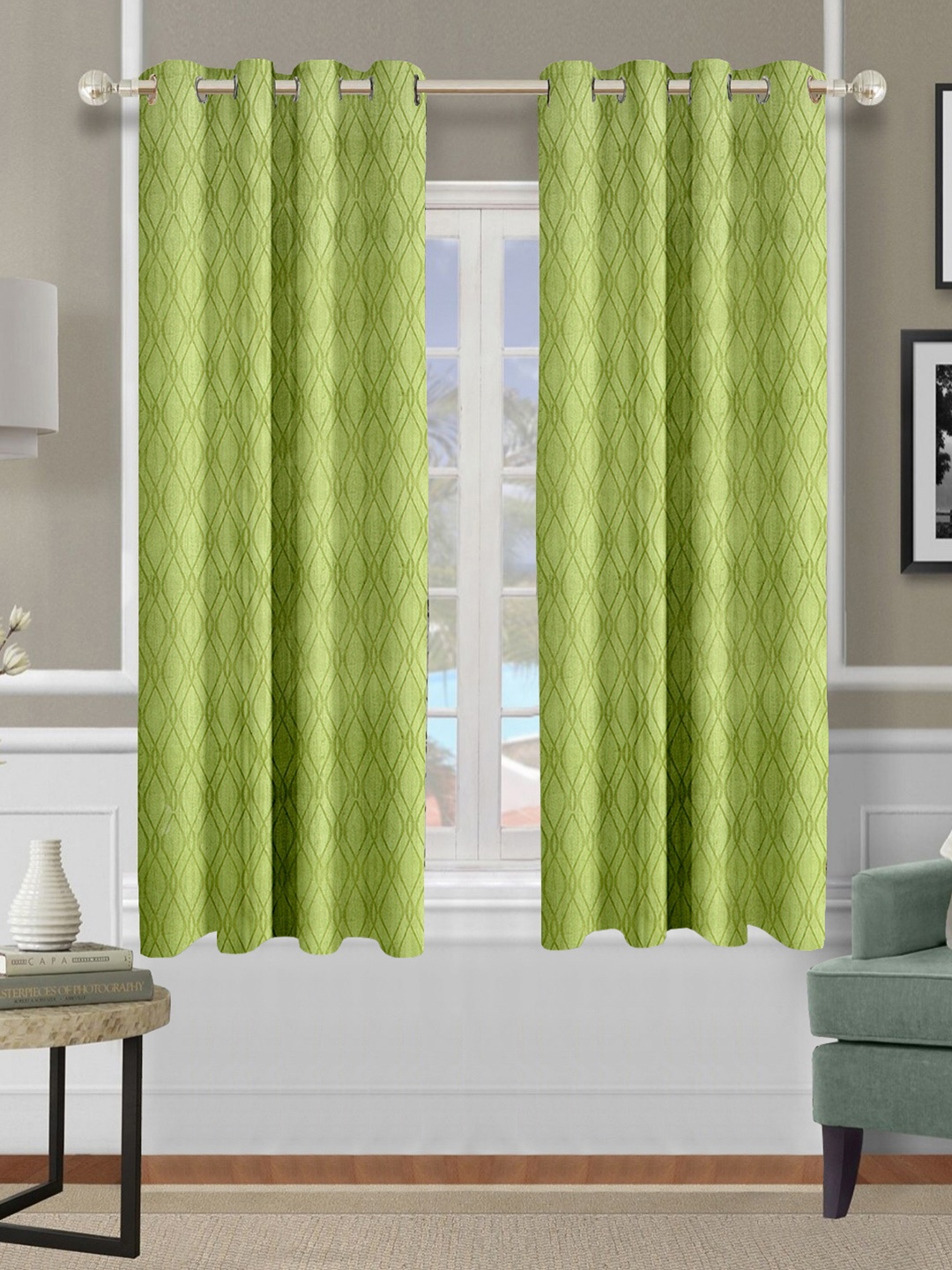 Cortina Green 2 Pieces Geometric Printed Window Curtains