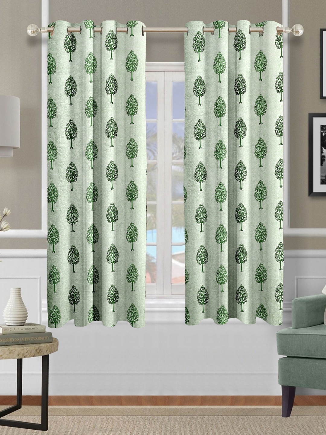 

Cortina Green & Grey 2 Pieces Floral Printed Window Curtains