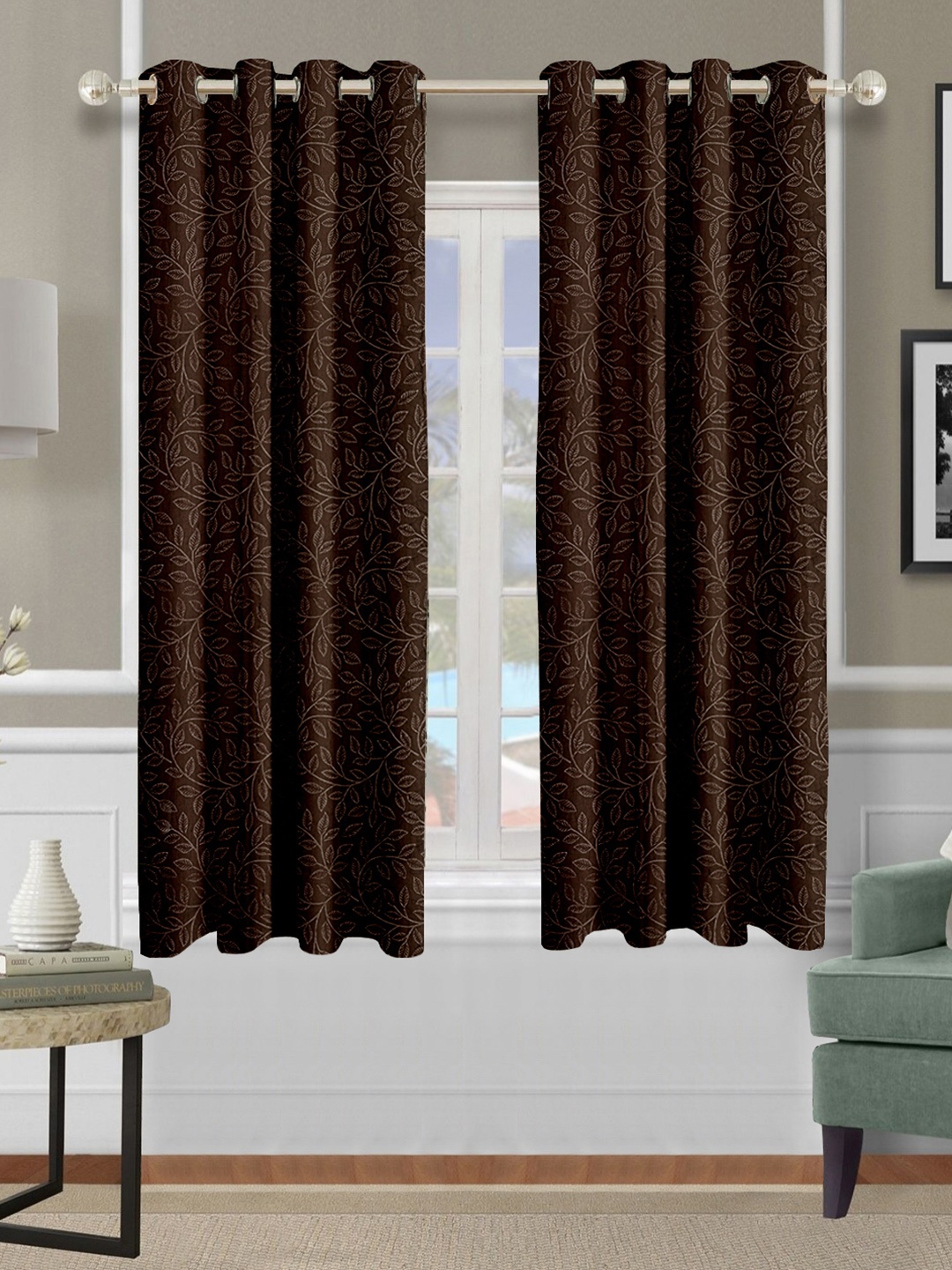 

Cortina Brown 2 Pieces Floral Printed Emboss Window Curtains