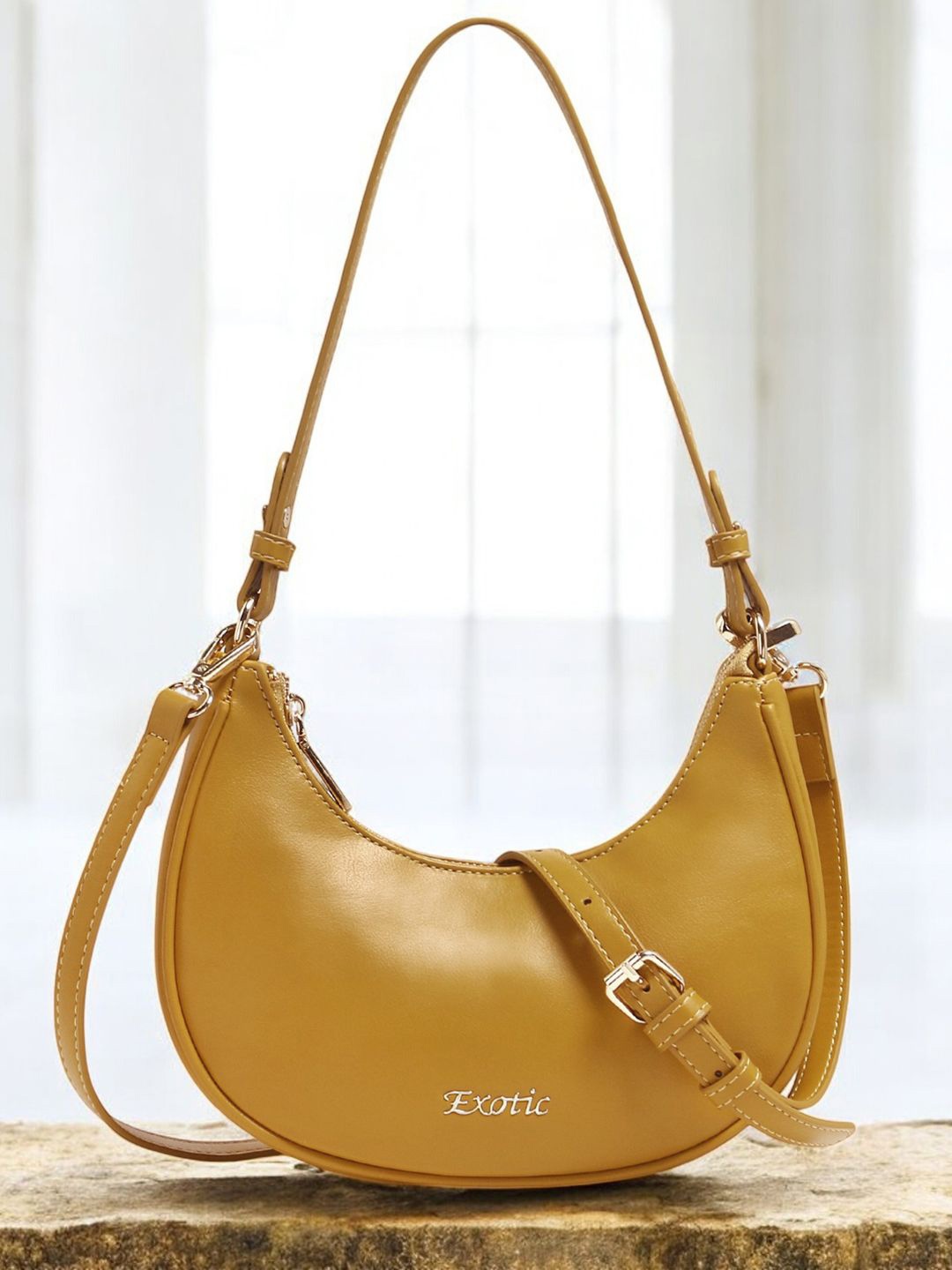 Exotic Women Solid Half Moon Sling Bag, Yellow