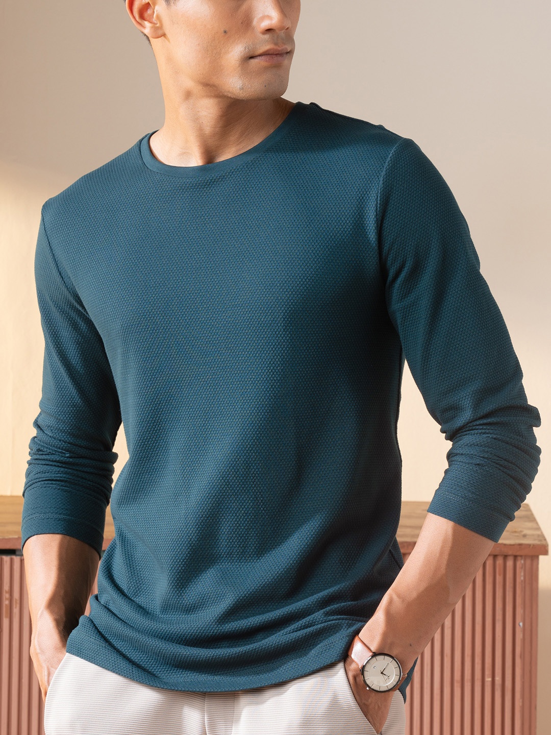 

DAMENSCH Statement Popcorn Textured Crew Neck Full Sleeves Casual T Shirt, Teal