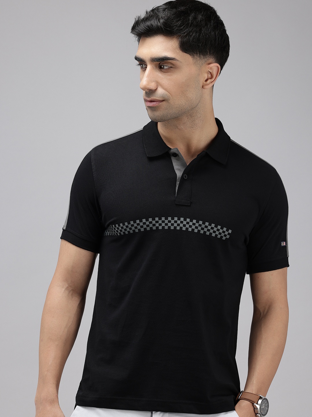 

Arrow Checked Polo Collar Pure Cotton T-shirt, Black